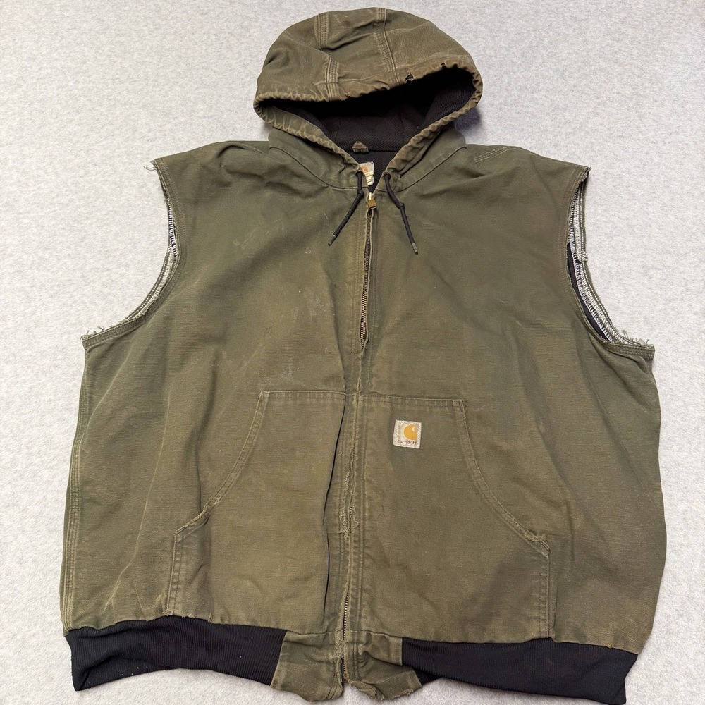 Carhartt Vest Mens 2XL Green Hooded Canvas Quilted Insulated J131 GRN Distressed